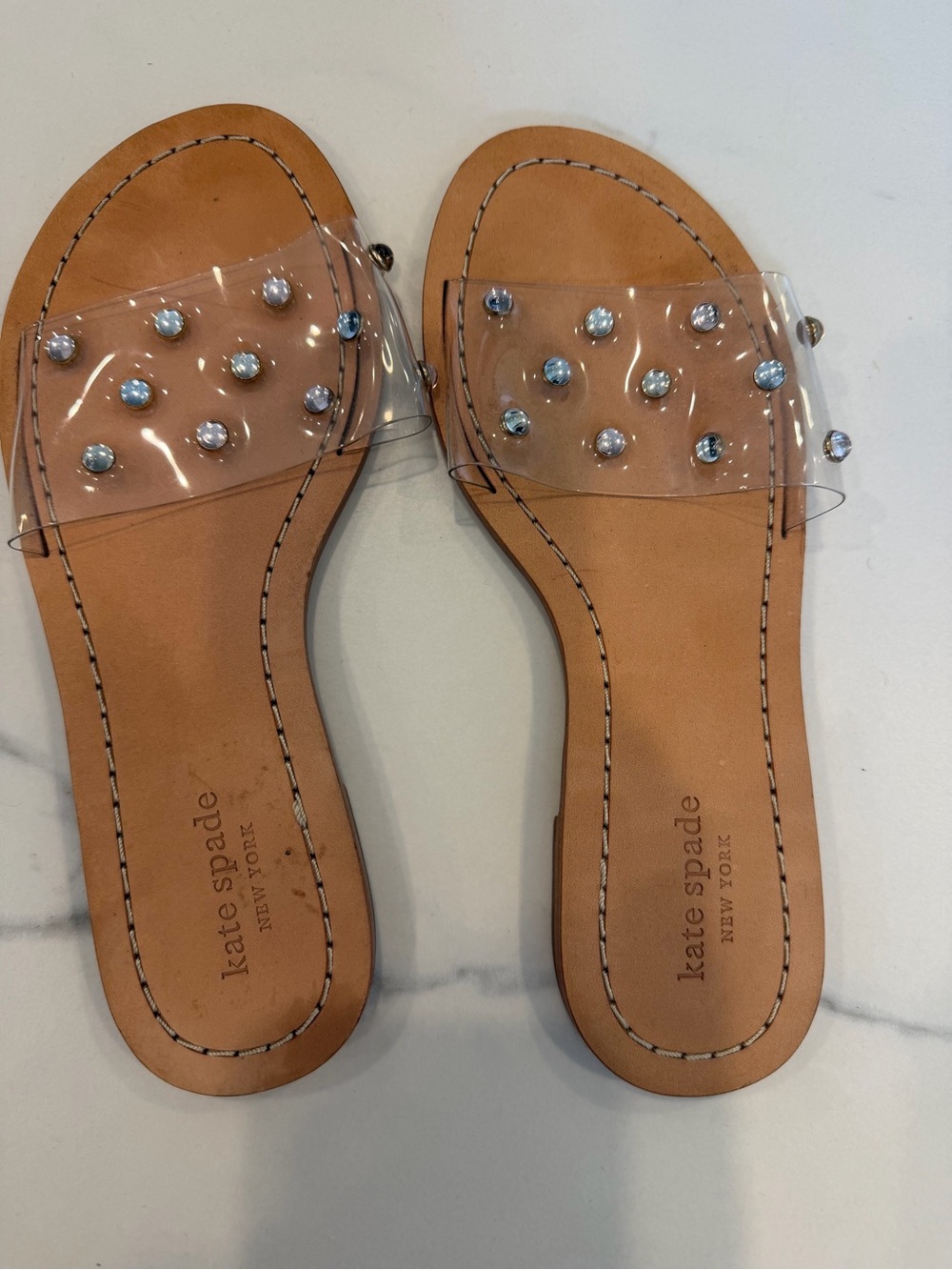 kate spade Tan Leather Slide Sandals with colorful Studs